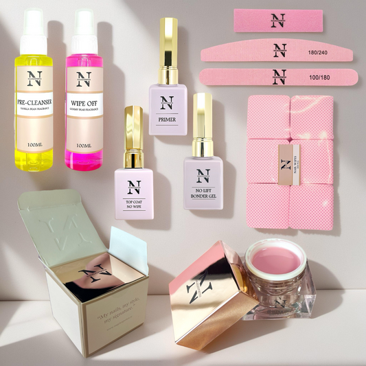 Startkit för naglar med två builder gels, primer, base coat, bonder gel, nagelfilar, buffer, nagelservetter och cleanser - för gelénaglar hemma.