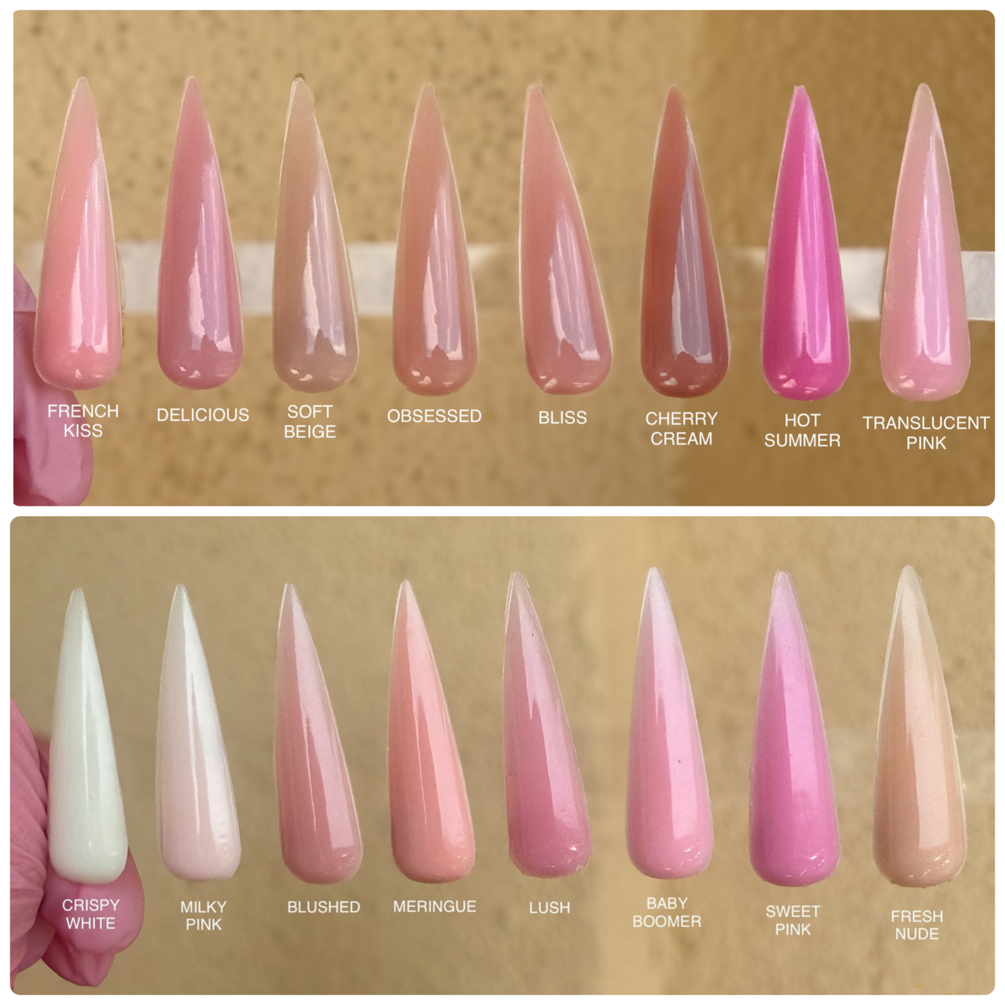 Färgkarta med 16 olika färger på builder gels för naglar.