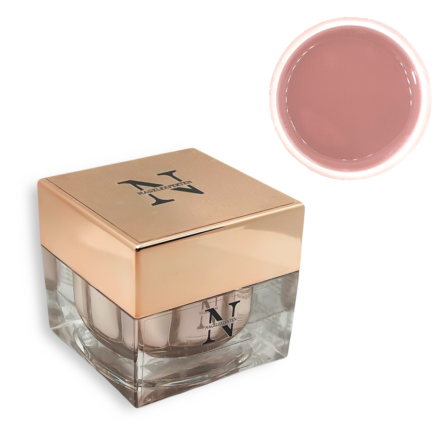 Fyrkantig builder gel burk med guldigt lock som det står Nagelexperten på. Ovanför är en rund cirkel som visar att färgen innehåller beige nagel gel.