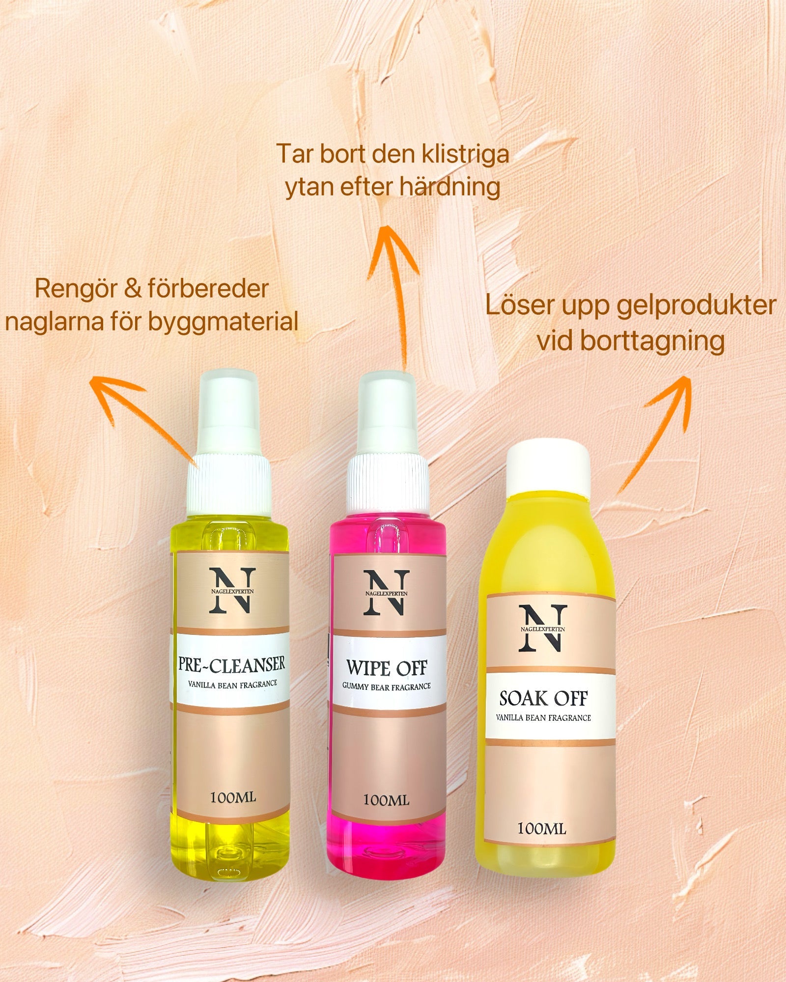 Användningsområden för nagelprodukter – tre sprayflaskor med cleaner, nagelborttagning och vätska för borttagning av klibbig yta efter härdning i UV-lampa.