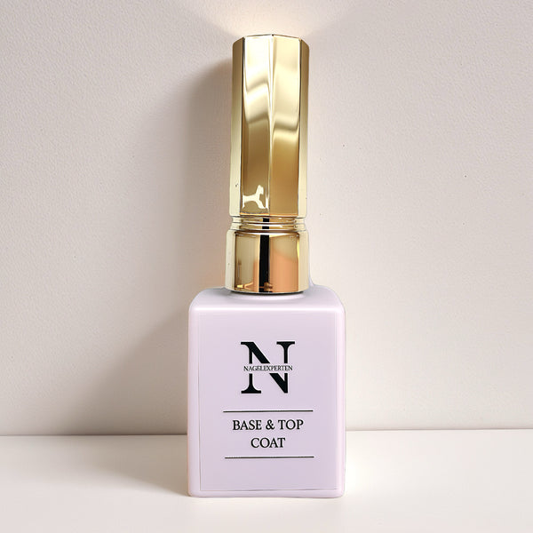 Flaska med Nagelexpertens Base Gel & Top Coat – 2-i-1 baslack och topplack för glans och hållbarhet.