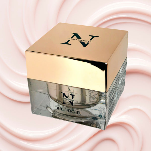 Builder gel för förstärkning av naglar i ljusrosa färg i en fyrkantig burk med guldigt lock från Nagelexperten.