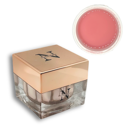 Burk med rosa nagelprodukt för gelenaglar som passar bra till fransk manikyr.