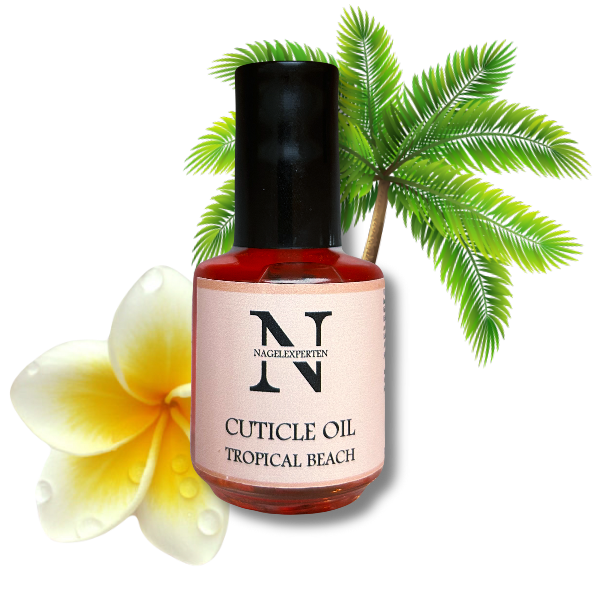 Genomskinlig flaska med svart kork innehållande röd nagelolja. Bakgrund med palm och monoiblomma.